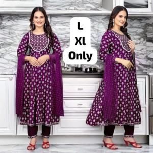 Beautiful stitched printed rayon chiffon purple anarkali suit